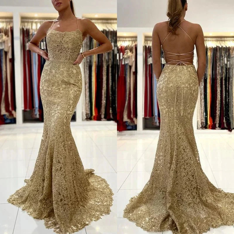 ClassicGold Appliques Lace Mermaid Evening Dress Long Spaghetti-Straps