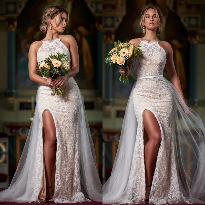 ClassicHalter Lace Mermaid Wedding Dress with Slit Ruffles