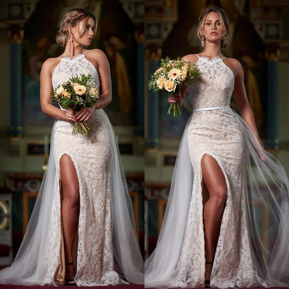 ClassicHalter Lace Mermaid Wedding Dress with Slit Ruffles