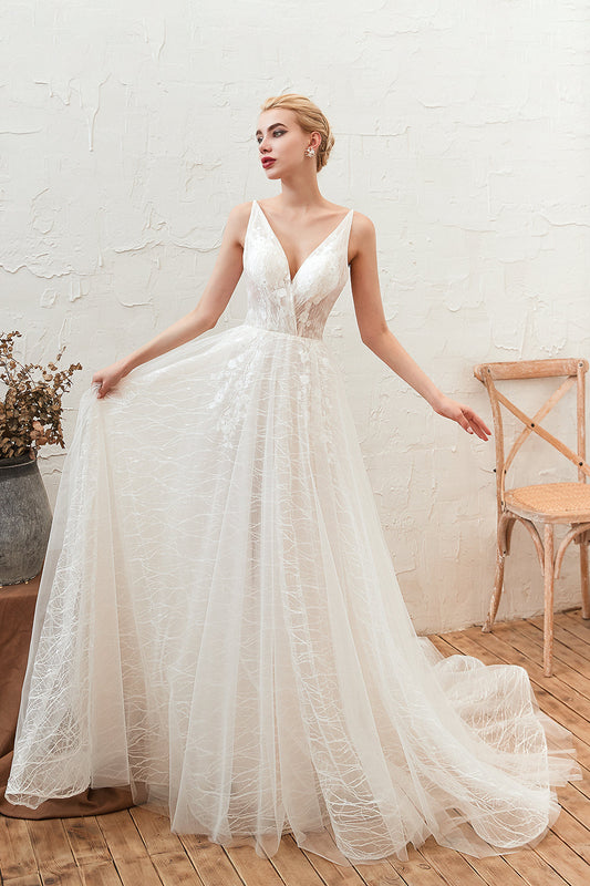 Classy A-Line Deep V-neck Floor-length Open Back Wedding Dress with Lace Tulle