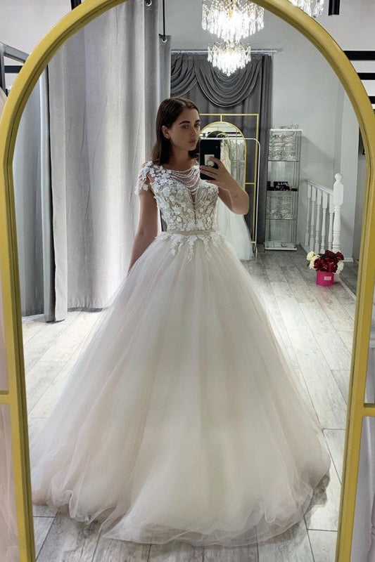 Classy A-Line Tulle Wedding Dress With Appliques Lace & Bowknot Sash