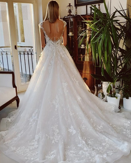 Classy A-Line Wedding Dress with Backless Church Train and Appliques Lace
