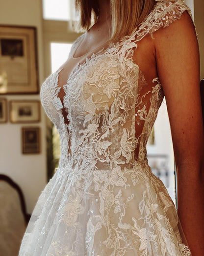 Classy A-Line Wedding Dress with Backless Church Train and Appliques Lace