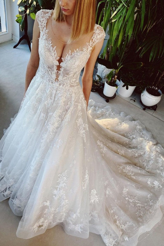 Classy A-Line Wedding Dress with Backless Church Train and Appliques Lace