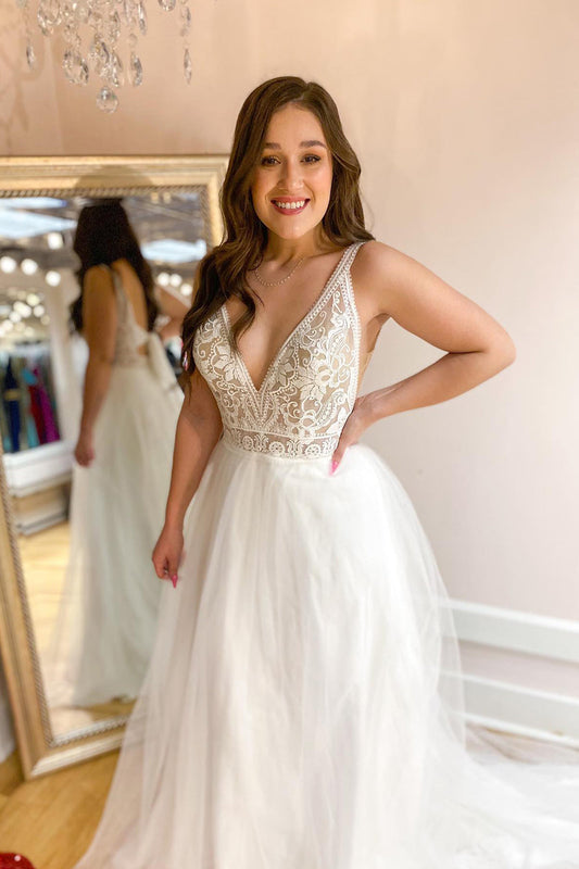 Classy Deep V-neck A-Line Wedding Dress With Tulle Train and Spaghetti-Straps Open Back