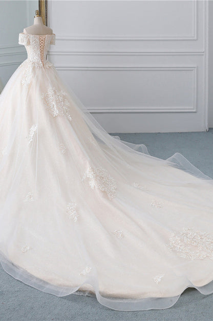 Classy Off-the-Shoulder Wedding Dress With Lace Appliques