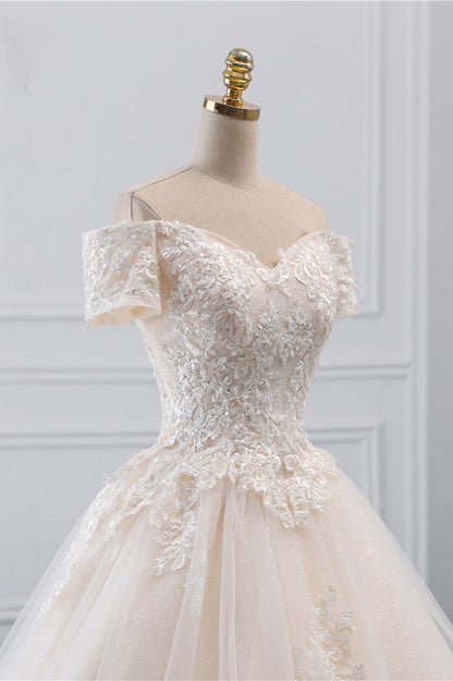 Classy Off-the-Shoulder Wedding Dress With Lace Appliques