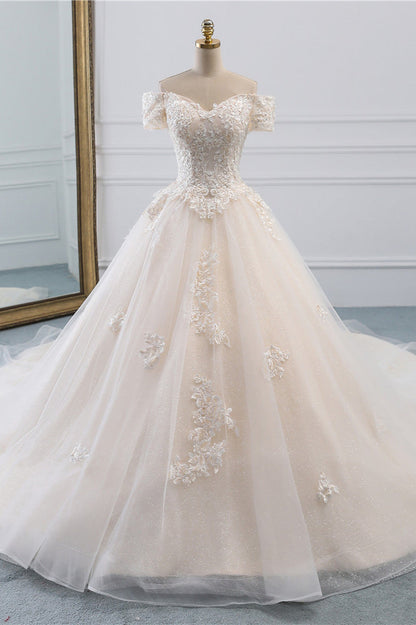 Classy Off-the-Shoulder Wedding Dress With Lace Appliques