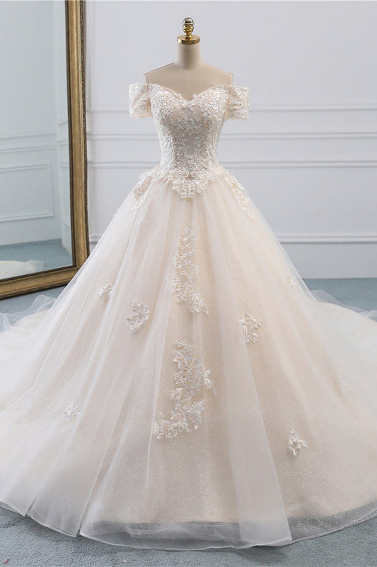 Classy Off-the-Shoulder Wedding Dress With Lace Appliques