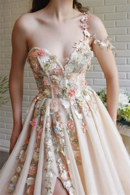 Classy One Shoulder Prom Dress in Tulle with Flowers Split