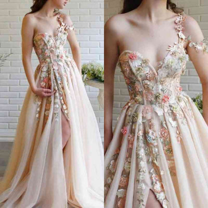 Classy One Shoulder Prom Dress in Tulle with Flowers Split