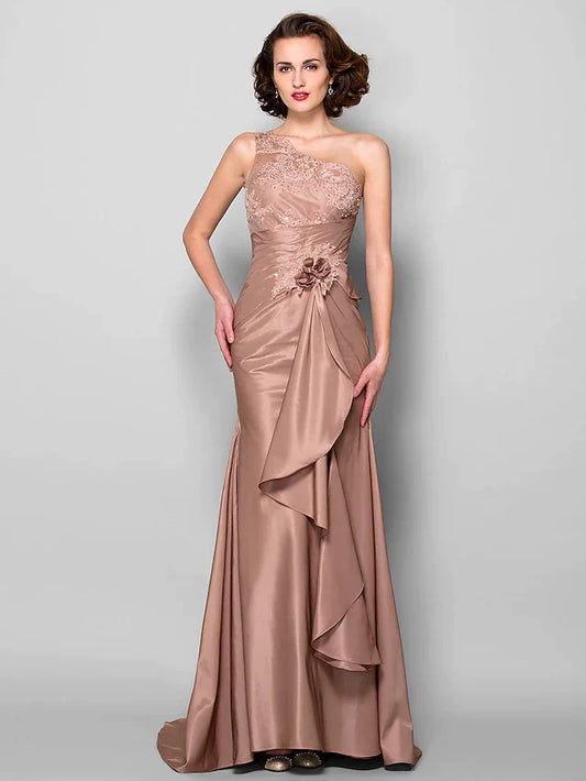 Mermaid / Trumpet Mother of the Bride Dress Floral One Shoulder Sweep / Brush Train Lace Taffeta Sleeveless with Flower