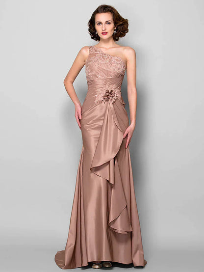 Mermaid / Trumpet Mother of the Bride Dress Floral One Shoulder Sweep / Brush Train Lace Taffeta Sleeveless with Flower