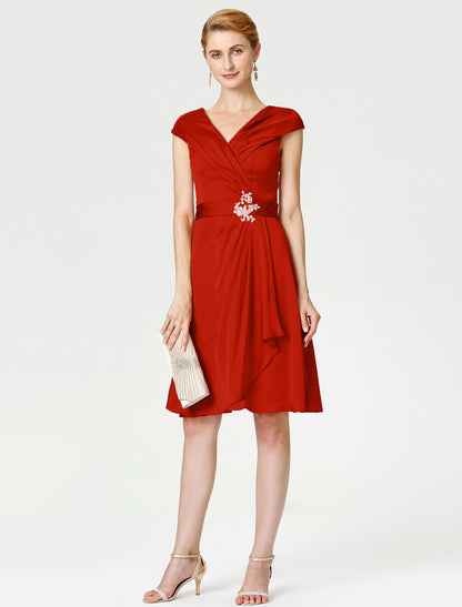Aimishang A-Line Mother of the Bride Dress Elegant V Neck Knee Length Satin Chiffon Short Sleeve No with Sash / Ribbon Pleats Beading