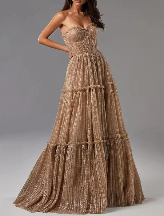 A-Line Evening Gown Glittering Dress Formal Wedding Guest Floor Length Sleeveless Strapless Tulle with Pleats 2025