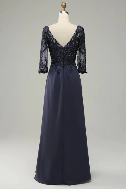 Long sleeved blue decal bride mother dress