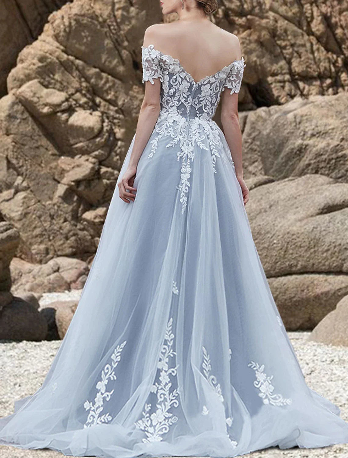 Aimishang Engagement Gothic Wedding Dresses in Color Formal Wedding Dresses A-Line Off Shoulder Short Sleeve Sweep / Brush Train Lace Bridal Gowns With Bow(s) Appliques
