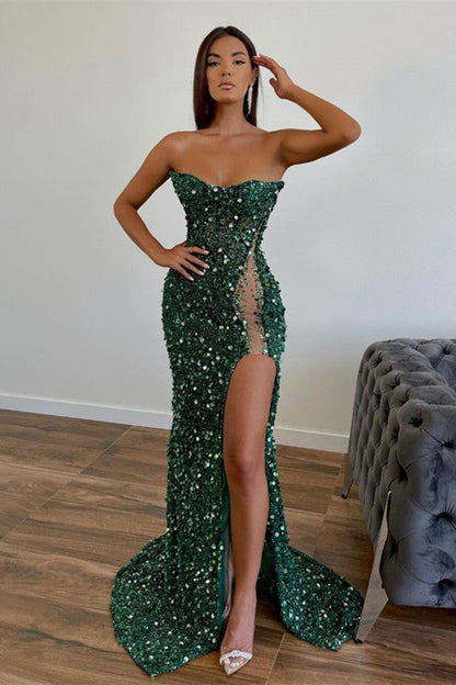Dark Green Long Sweetheart Sequins Sleeveless Mermaid Prom Dress with Slit
