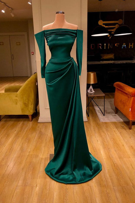 Dark Green Off-Shoulder Long Sleeve Fashion Sheath Prom Dress
