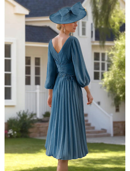 Aimishang A-Line Formal Mother of the Bride Dress V Neck Tea Length Chiffon 3/4 Length Sleeve with Lace