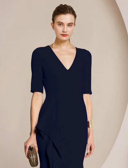 Aimishang Sheath / Column Mother of the Bride Dress Formal Wedding Guest Elegant V Neck Floor Length Satin Half Sleeve with Split Front Ruching