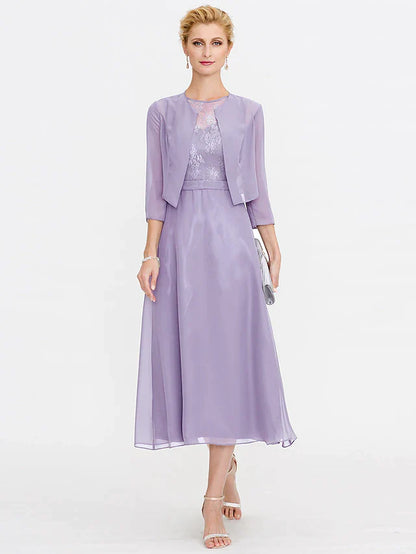 A-Line Mother of the Bride Dress Plus Size Elegant Illusion Neck Tea Length Chiffon Corded Lace Sleeveless Wrap Included with Lace Pleats