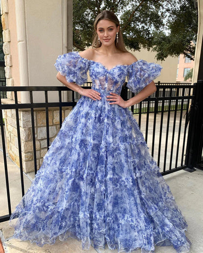 A Line Pink Green Flower Strapless Corset Tulle Long Prom Dress Off Shoulder