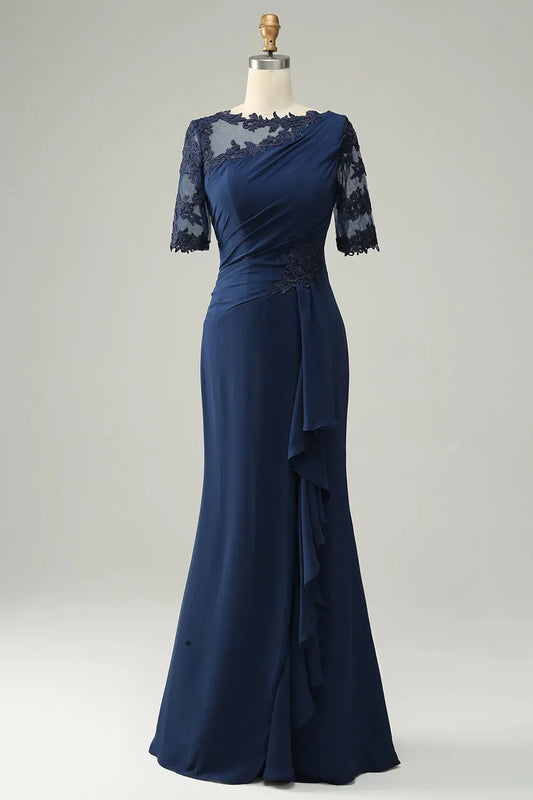 Navy Blue Decal Tight Bridal Mother Dress