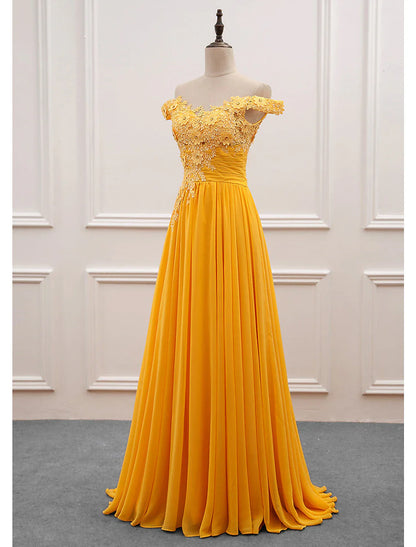 A-Line Wedding Guest Dresses Floral Dress Prom Sweep / Brush Train Sleeveless Off Shoulder Chiffon with Appliques