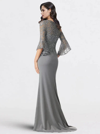 Mermaid / Trumpet Mother of the Bride Dress Plus Size Elegant V Neck Sweep / Brush Train Chiffon Lace 3/4 Length Sleeve with Sequin Appliques