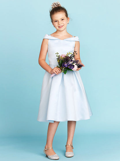 Elegant A-Line Off Shoulder Satin Junior Flower Girl Dress With Pleats for Princesses