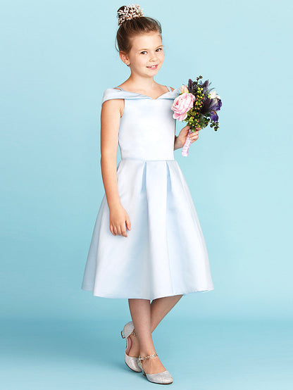 Elegant A-Line Off Shoulder Satin Junior Flower Girl Dress With Pleats for Princesses