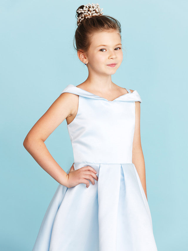 Elegant A-Line Off Shoulder Satin Junior Flower Girl Dress With Pleats for Princesses
