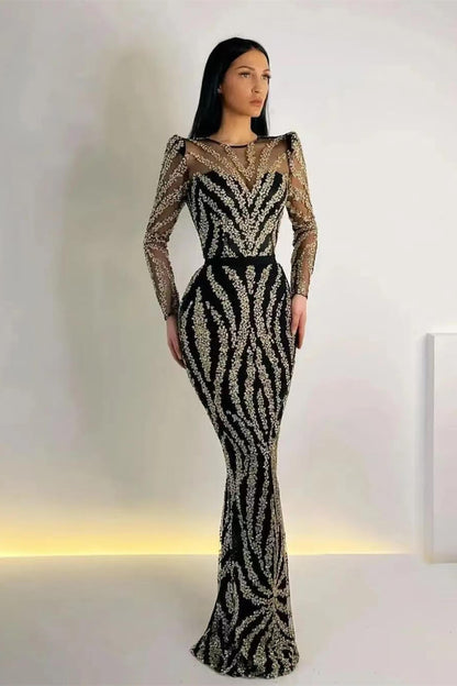 Elegant Black Mermaid Prom Dress with Appliques & Detachable Ruffles Long Sleeves