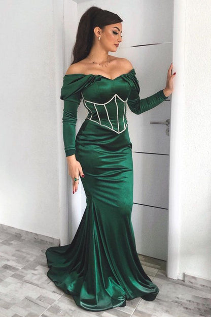 Elegant Emerald Long Sleeves Mermaid Evening Dress With Appliques