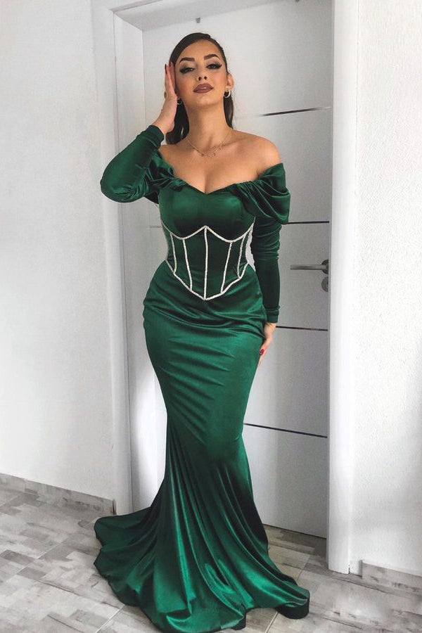 Elegant Emerald Long Sleeves Mermaid Evening Dress With Appliques