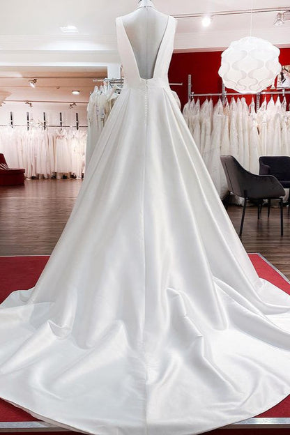 Elegant Long A-line V-Neck Satin Wedding Dress With Ruffles and Open Back