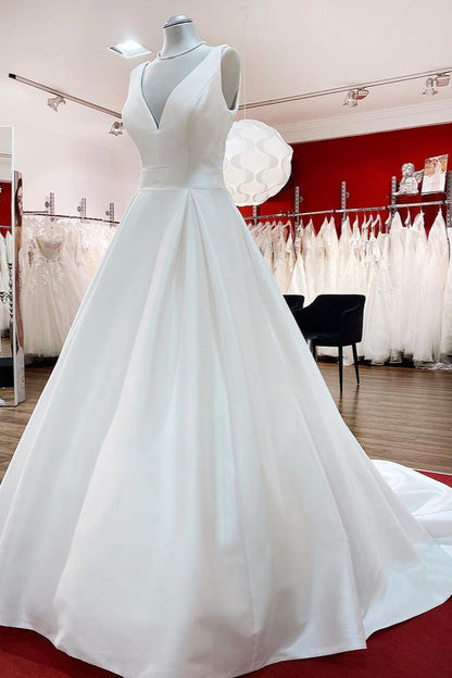 Elegant Long A-line V-Neck Satin Wedding Dress With Ruffles and Open Back