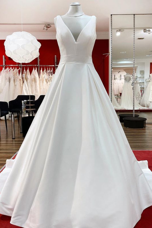 Elegant Long A-line V-Neck Satin Wedding Dress With Ruffles and Open Back