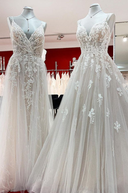Elegant Long A-line V Neck Sleeveless Backless Wedding Dress with Ruffles