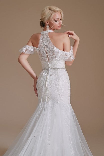 Elegant Long Mermaid Halter Tulle Floor-Length Wedding Dress with Appliques Lace