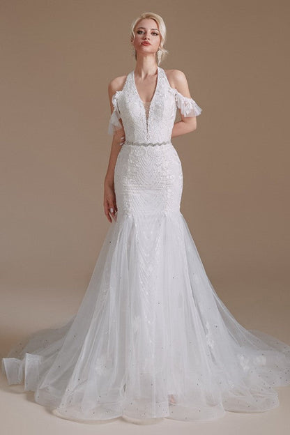 Elegant Long Mermaid Halter Tulle Floor-Length Wedding Dress with Appliques Lace