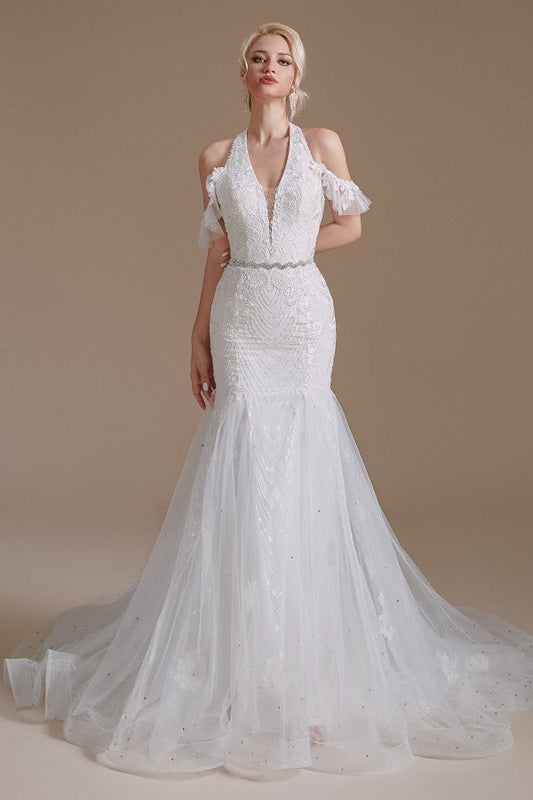 Elegant Long Mermaid Halter Tulle Floor-Length Wedding Dress with Appliques Lace
