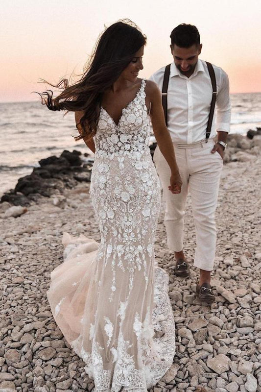 Elegant Long Mermaid V-neck Floral Wedding Dress With Lace Backless