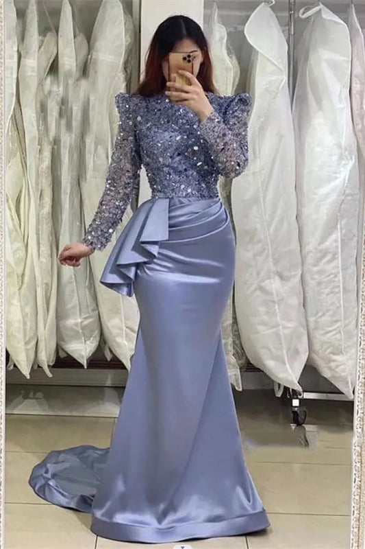 Elegant Long Sleeve Ruffles Crystal Sheath Blue Prom Dress