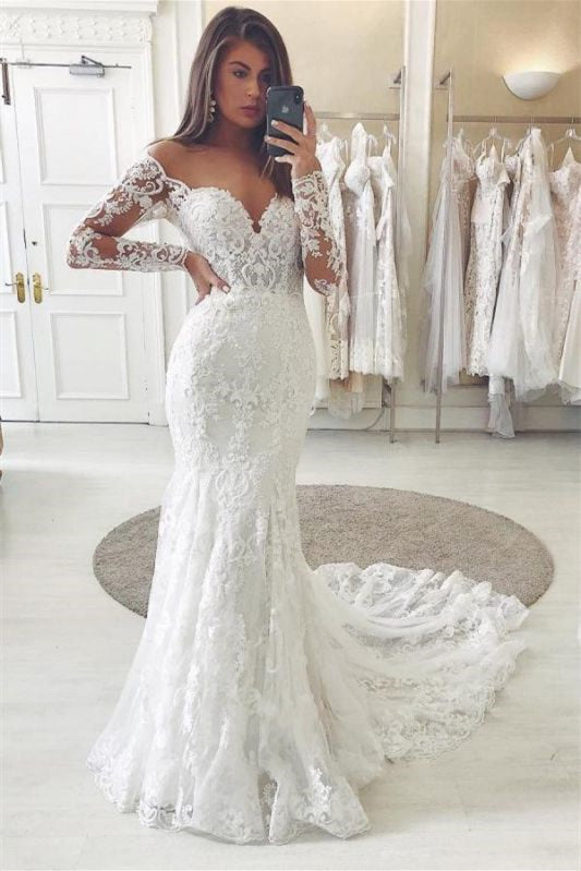 Elegant Long Sleeves V-Neck Lace Off-The-Shoulder Wedding Dress With Appliques