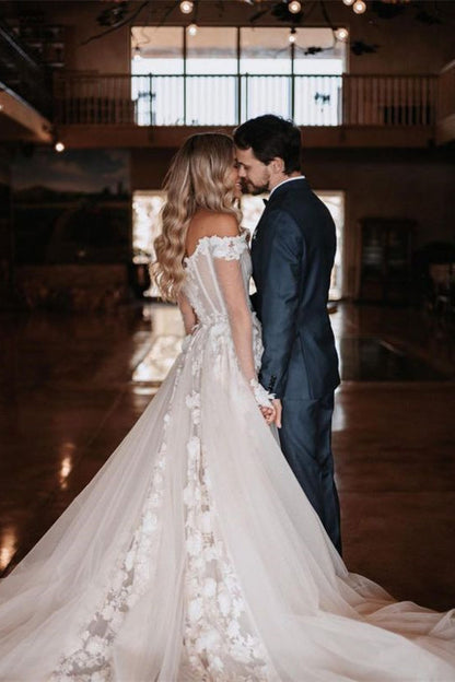 Elegant Off-The-Shoulder Lace A Line Wedding Dress