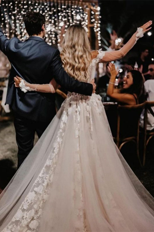 Elegant Off-The-Shoulder Lace A Line Wedding Dress