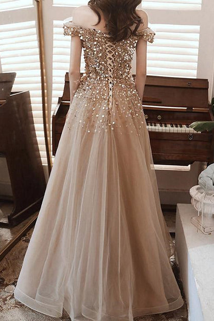 Elegant Off-The-Shoulder Sweetheart Sequins Long Evening Dress - Champagne