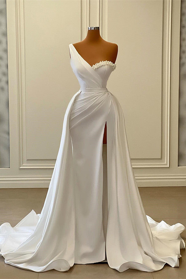 Elegant One Shoulder Satin Mermaid Wedding Dress with Slit Overskirt and Pearls